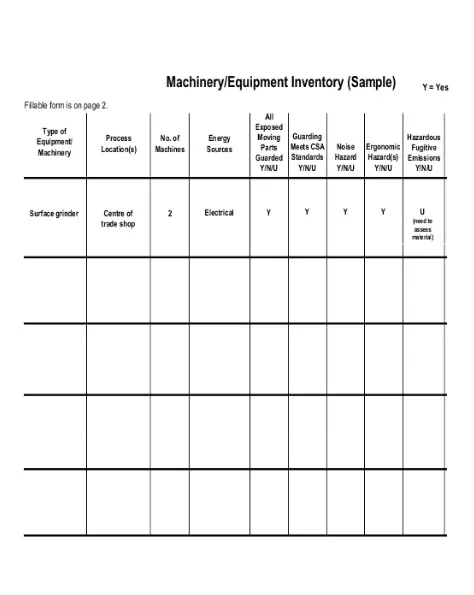 Machinery Inventory List Template