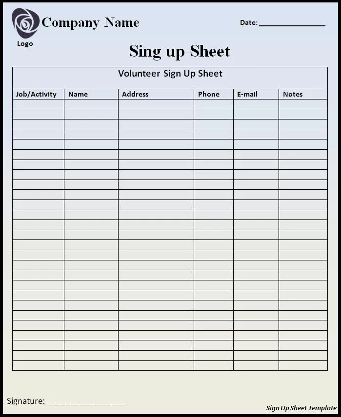 Sign up Sheet Template