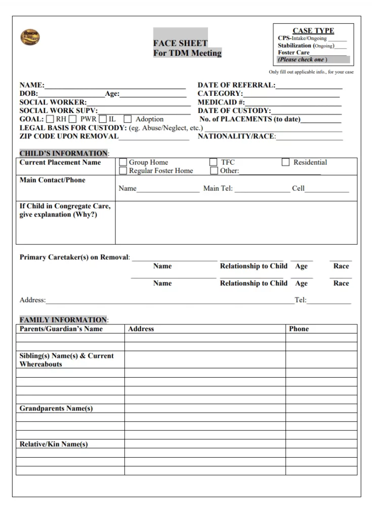 Blank Face Sheet Template