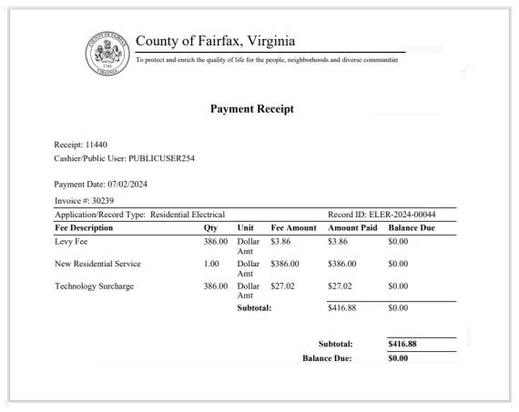 Fairfax Virginia Payment Receipt Template