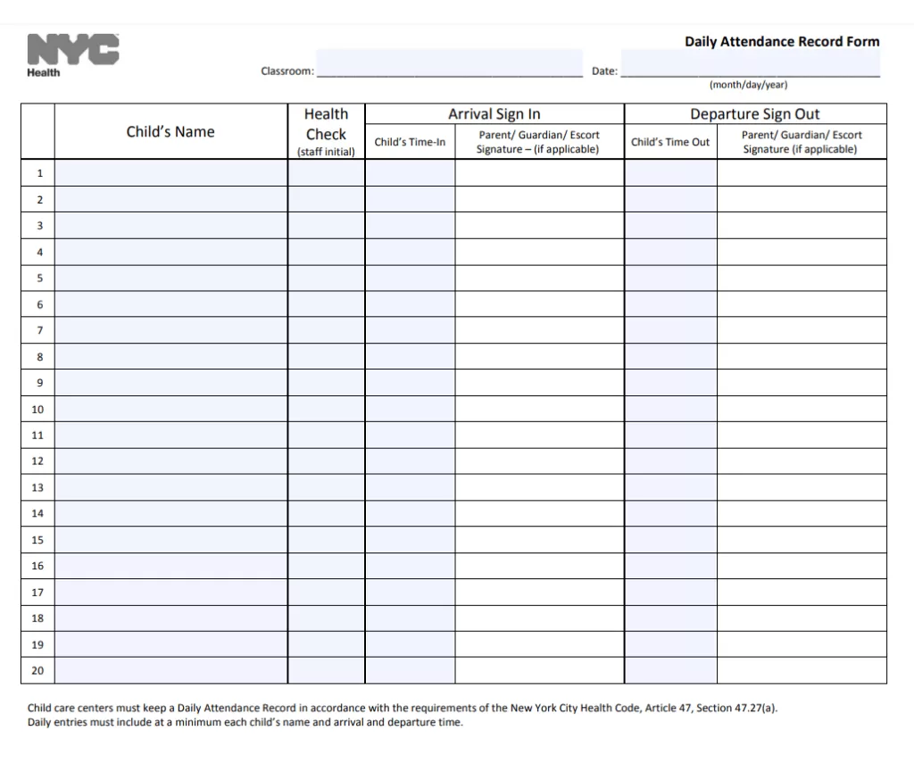 Free Daily School Attendance Record Form