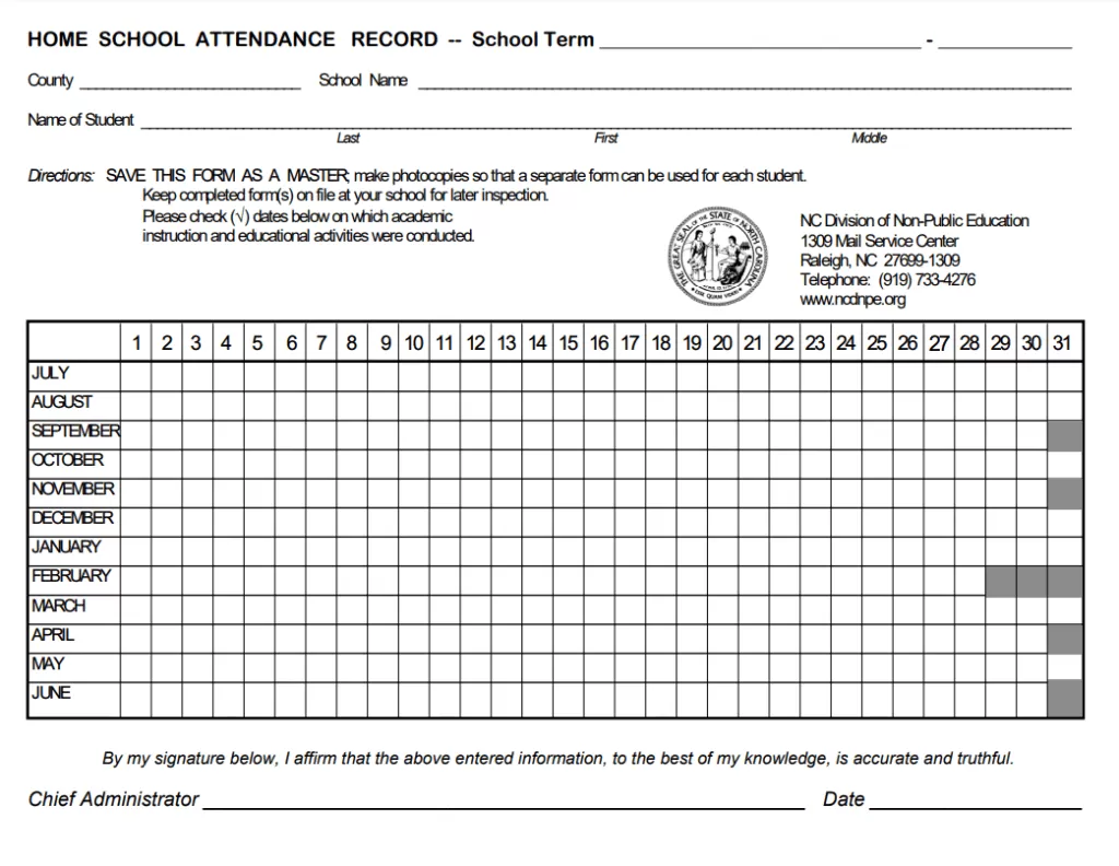 Free Home School Attendance Record Template