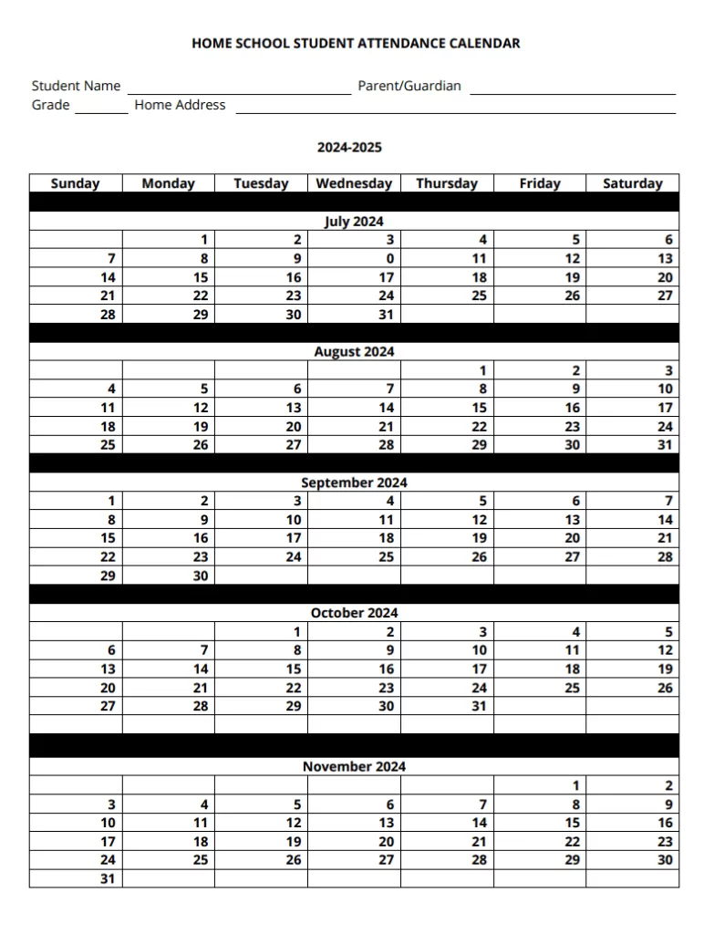 Free School Attendance Calendar Template