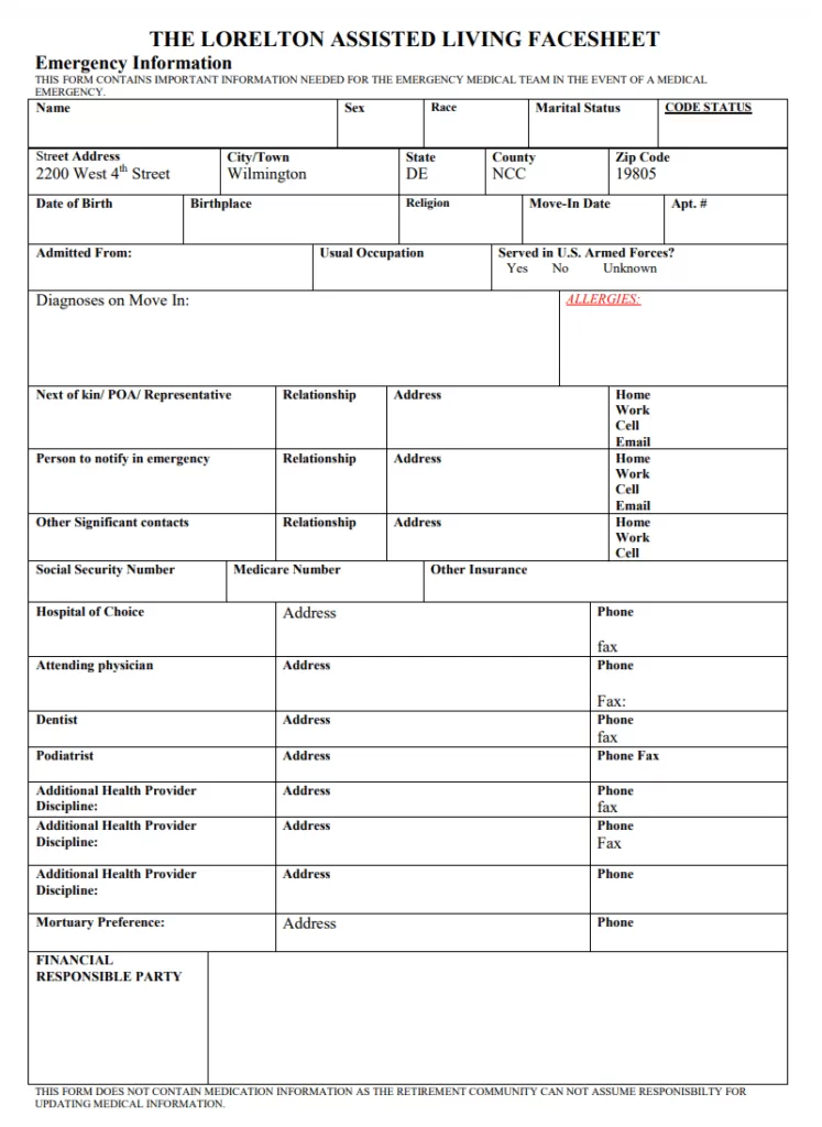 Living Face Sheet Template