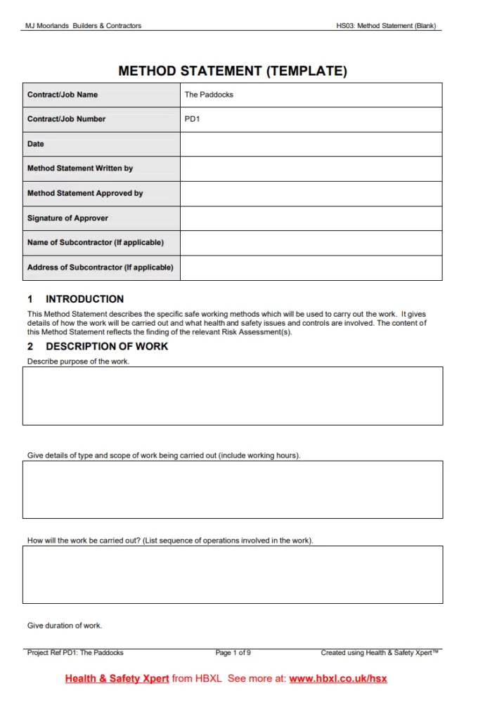 Method Statement Example