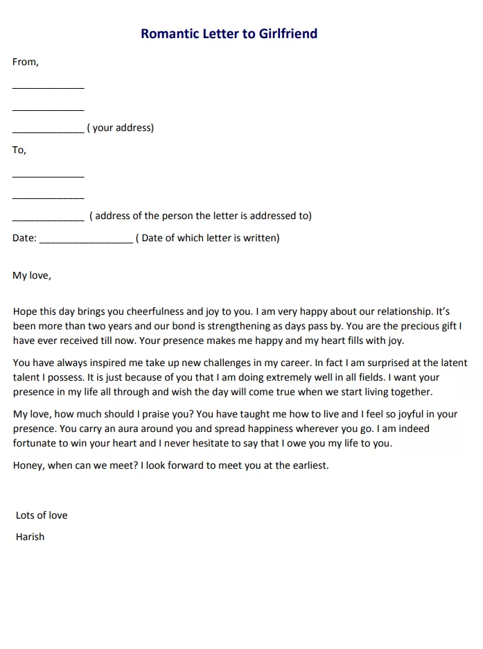 Romantic Letter to Girlfriend Template