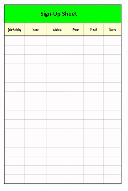 Sign-Up Sheet Template PDF