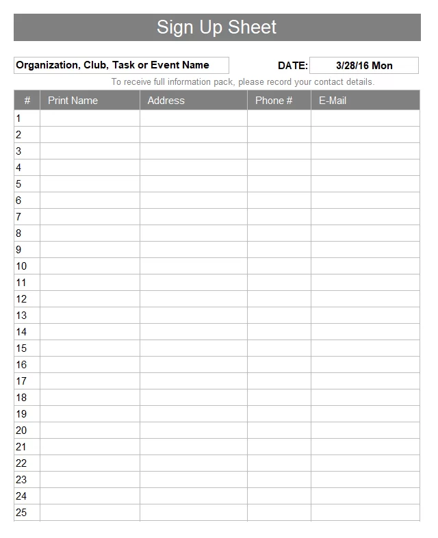 Signup Sheet Format