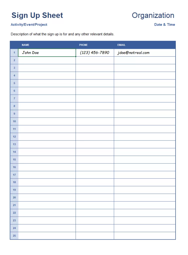 Signup Sheet Template Excel