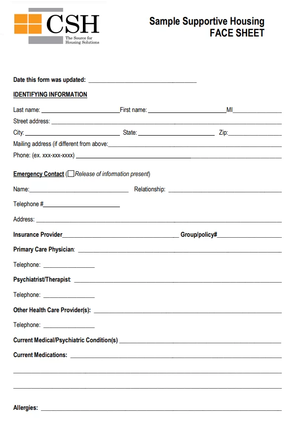 Supportive Housing Face Sheet Template