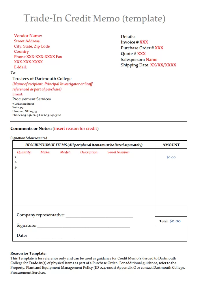 Trade in Credit Memo Template