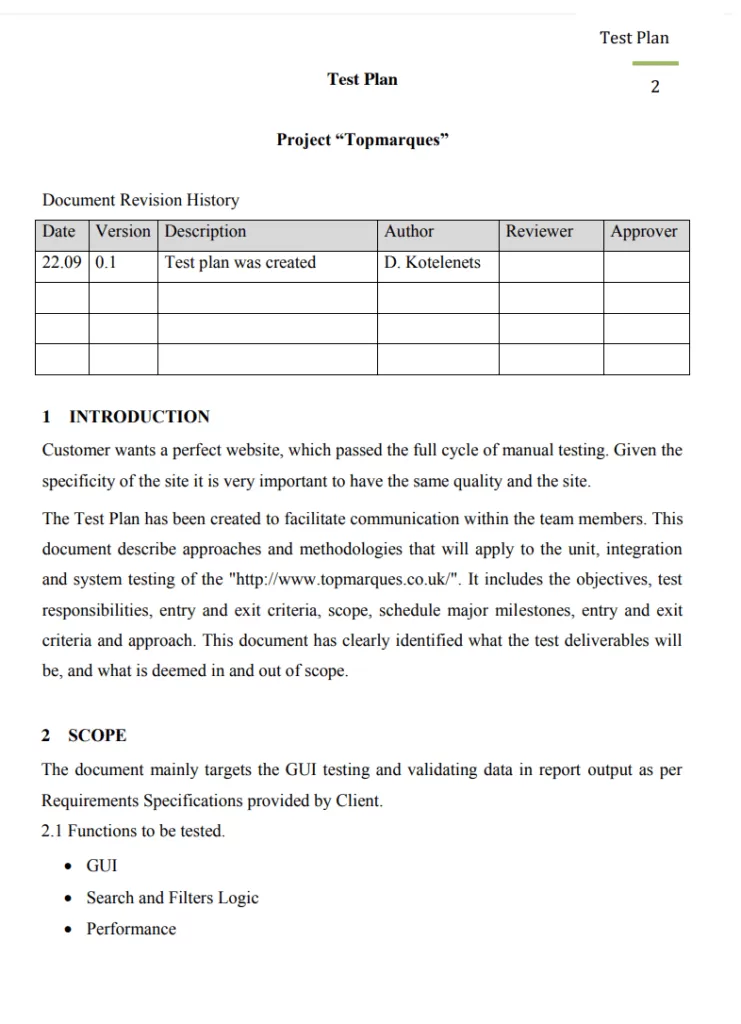 Website Test Plan Template