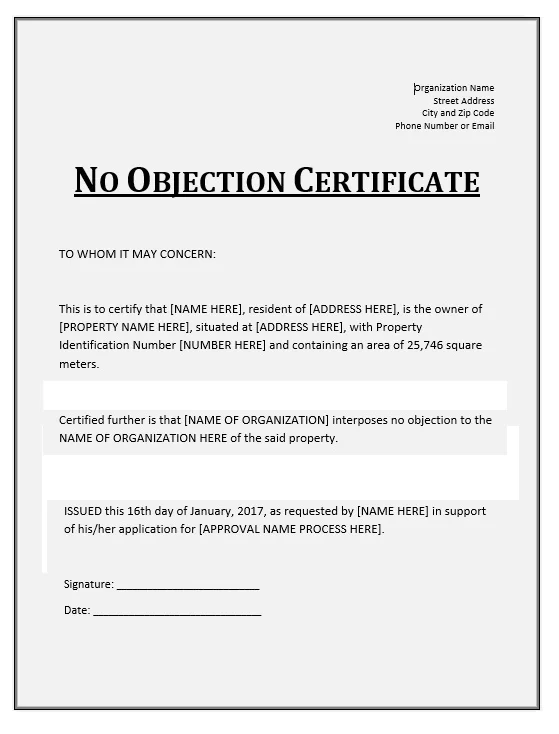 Basic No Objection Certificate Template