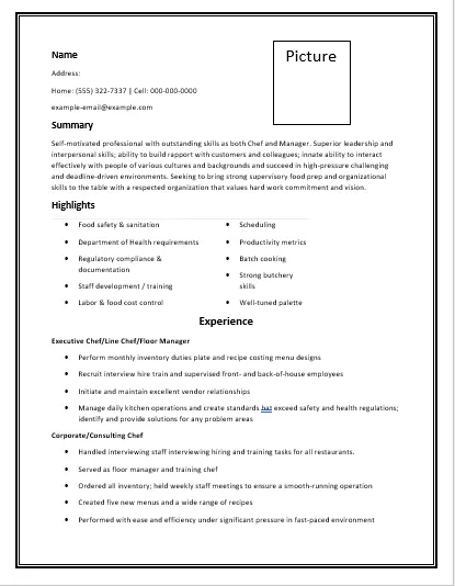 Chef Resume Template