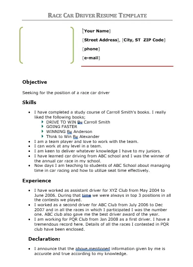 Driver Resume Template