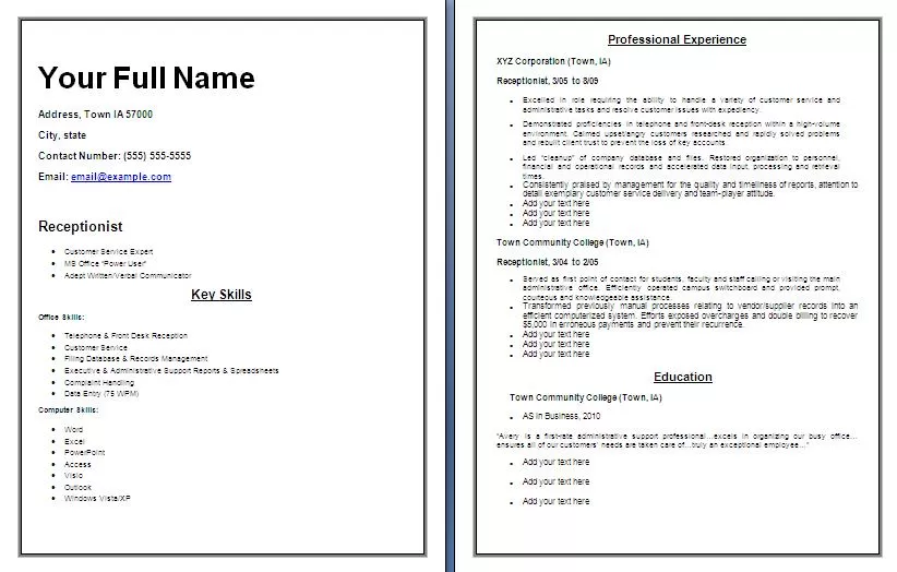 Receptionist resume template