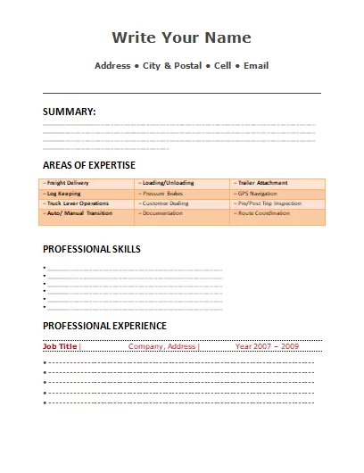 Truck Driver's Resume Template