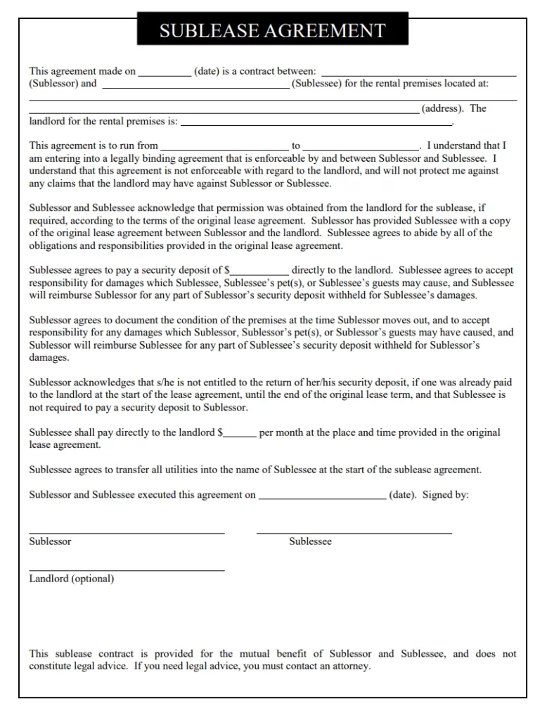 Blank Sublet Agreement Template