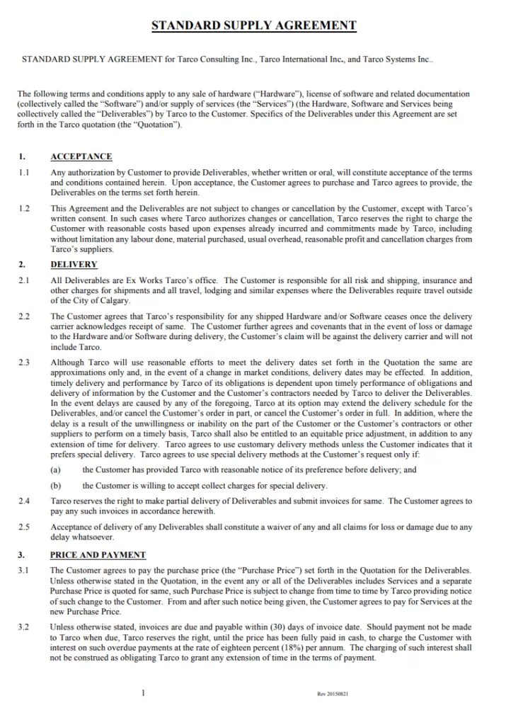 Standard Supply Agreement Template