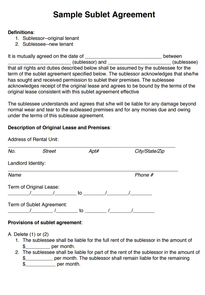 Sublet Agreement Sample