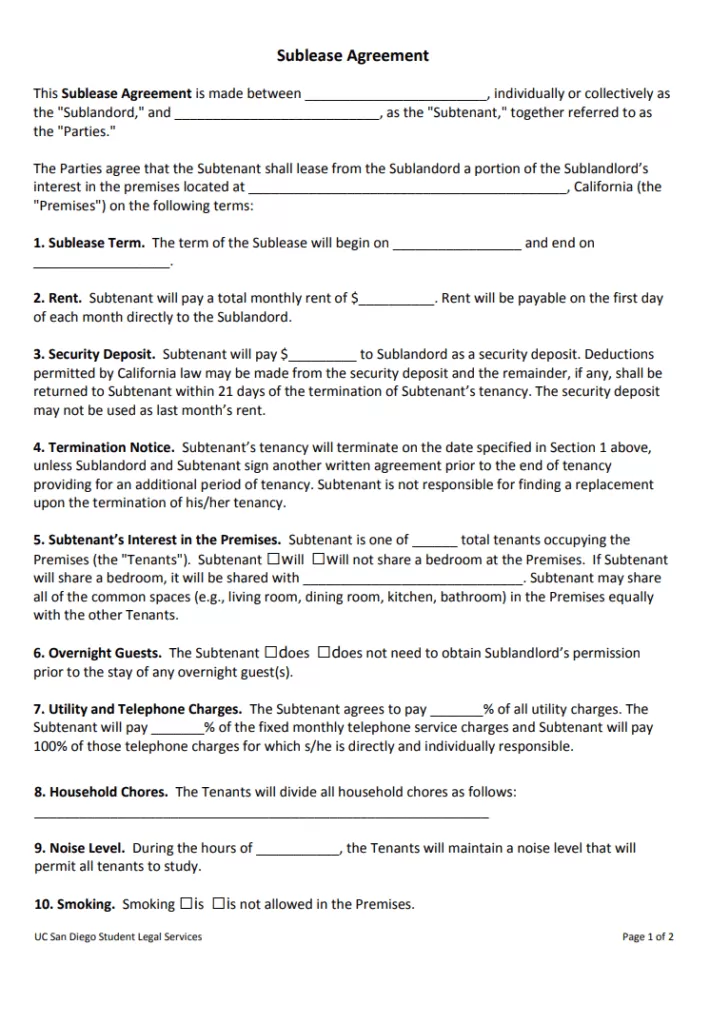 Sublet Agreement Template