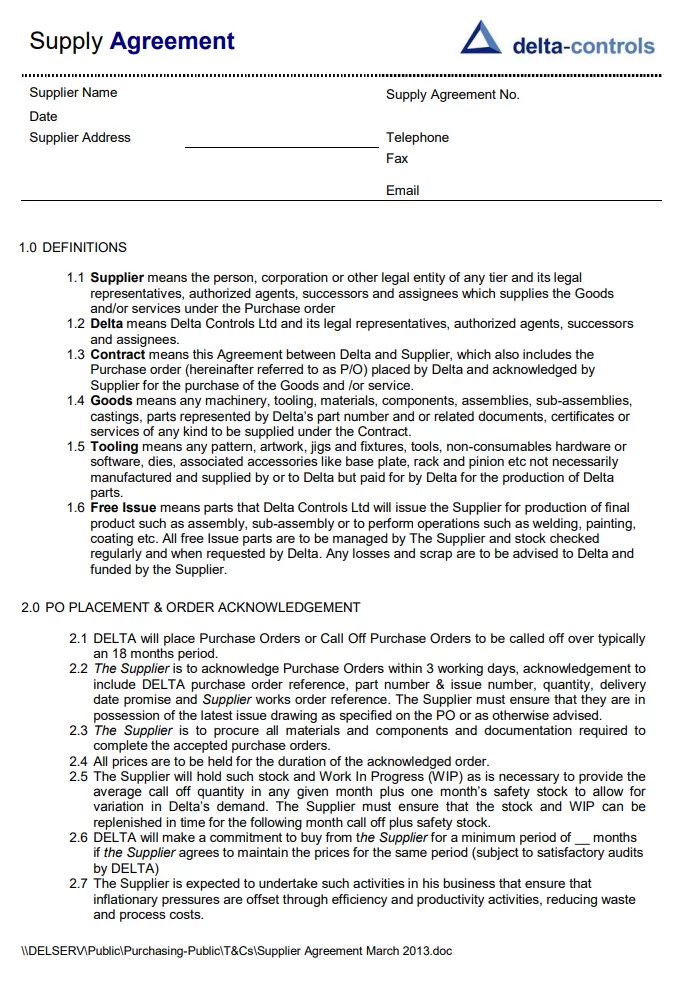 Supply Chain Agreement Template