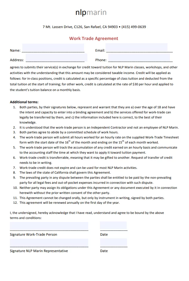 Work Trade Agreement Template