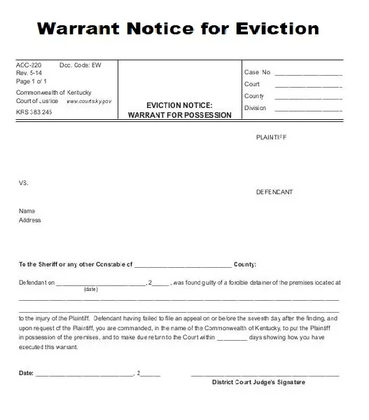 Warrant Notice for Eviction