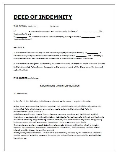 Deed of Indemnity Template