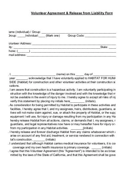 Volunteer Liability Release Form