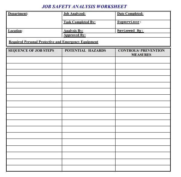 Job Safety Analysis Worksheet Template