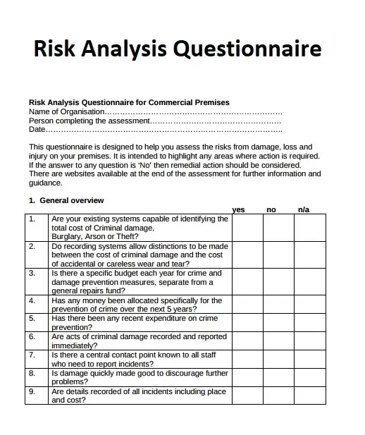 Risk Analysis Questionnaire Template