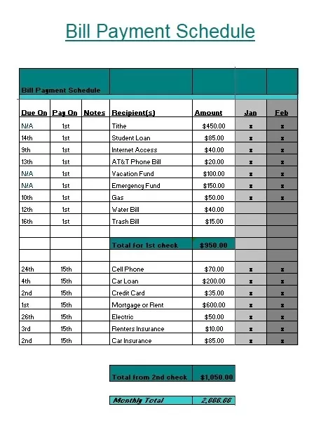 Bill Payment Schedule Template