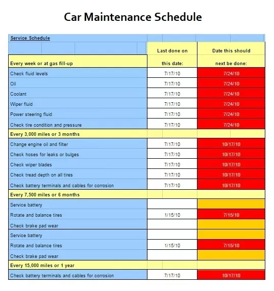 Car Maintenance Schedule Template