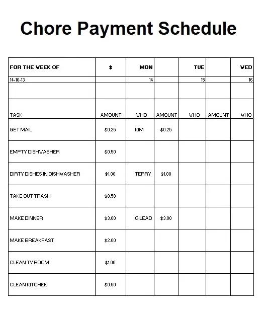 Chore Payment Schedule Template