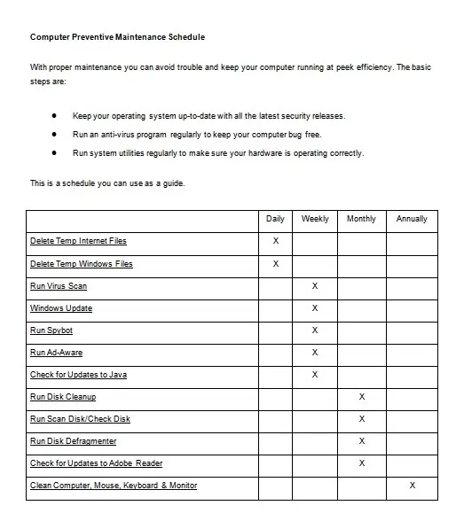 Computer Maintenance Schedule Template