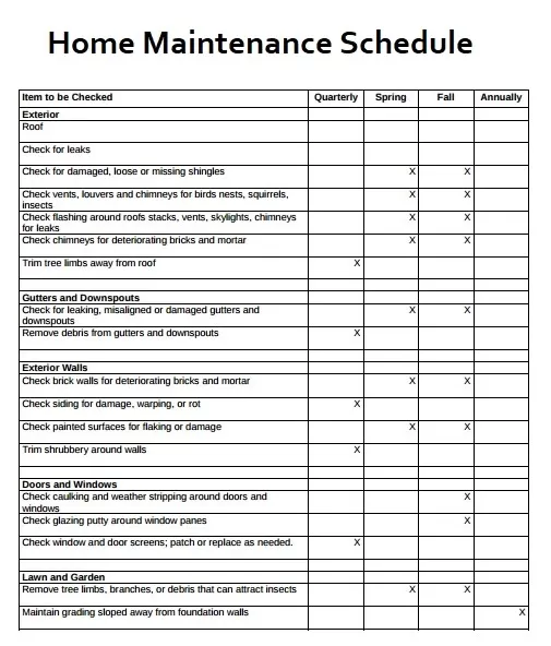 Household Maintenance Schedule Template