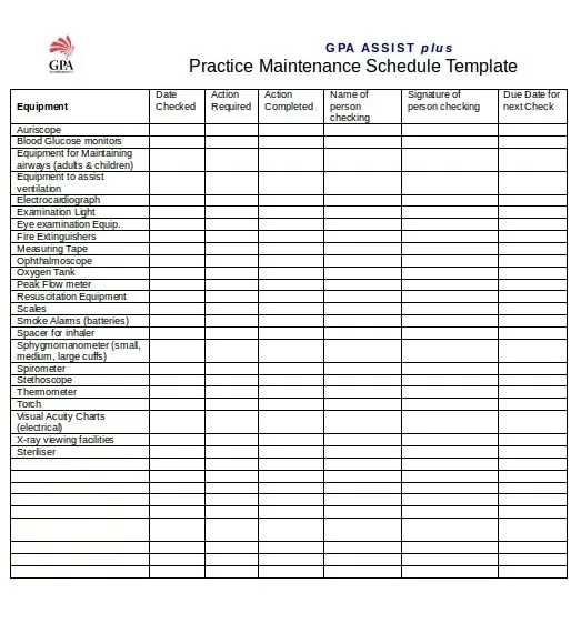 Practice Maintenance Schedule Template