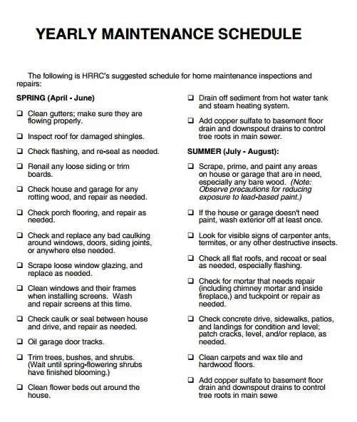 Yearly Maintenance Schedule Template