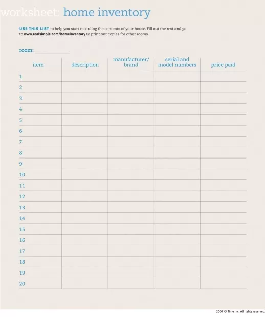 Home Inventory Worksheet Template