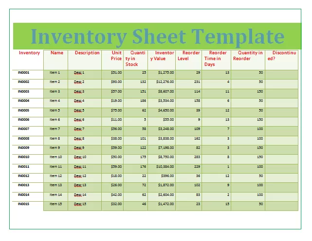 Inventory Sheet Templates