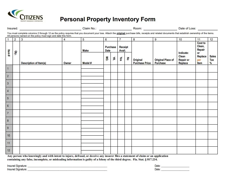 Personal Property inventory Template