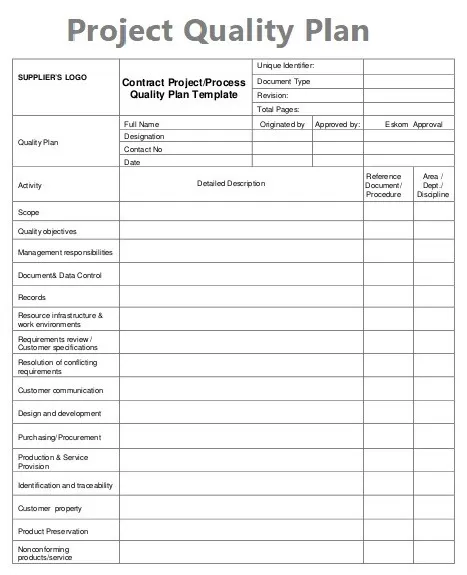 Project Quality Plan Template