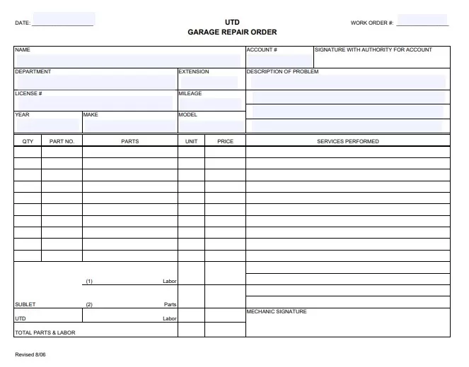 Repair Work Order Format