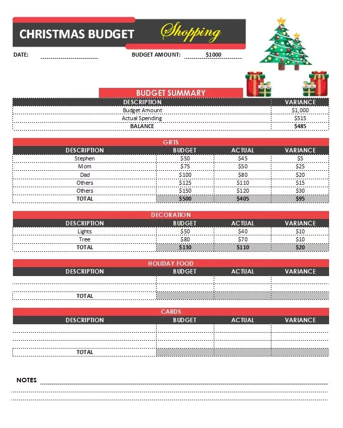 Christmas Night Shopping Budget Template