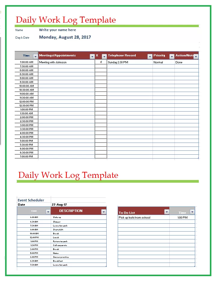 Daily Work Log Templates