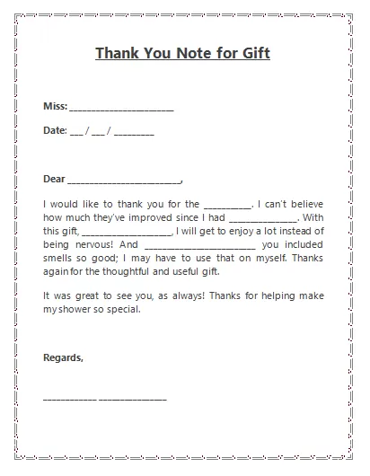 Thank you note template For Gift