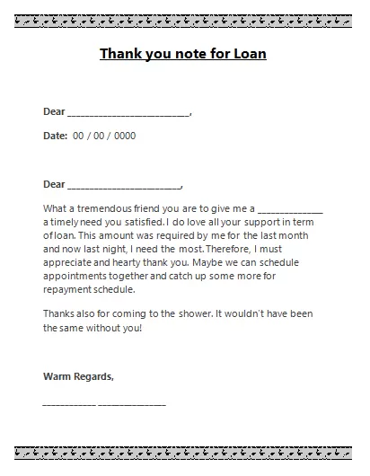 Thank you note template For Loan