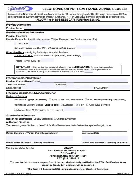 Electric Remittance Advice Form