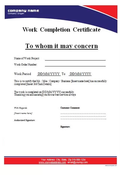 Work Completion Certificate Format